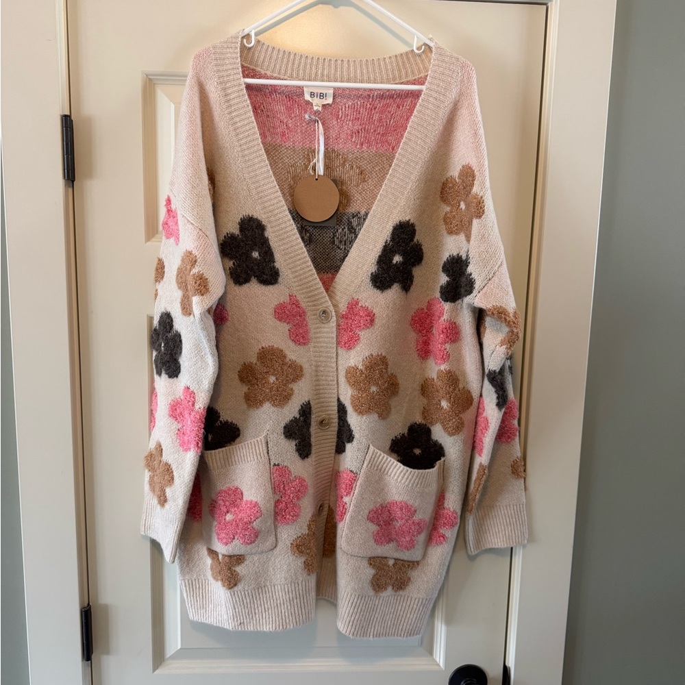 NWT BiBi Floral Knit Cardigan in Pink, Brown, and Black